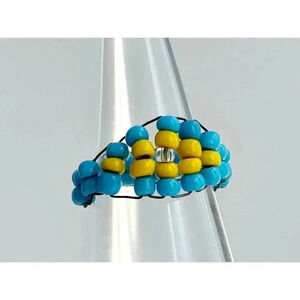 Vintage Handmade Blue & Yellow Beaded Tapered Shank Ring - Size 4